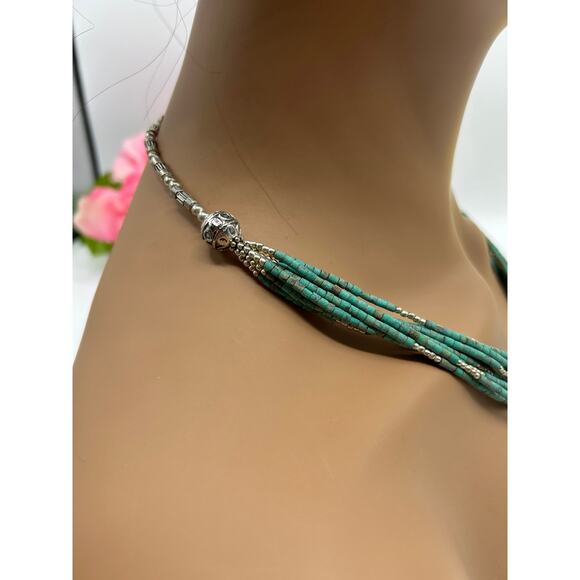 Turquoise Multi-Strand Necklace w/ Tibetan Silver Beads – 22” Boho Tribal - Picture 4 of 5